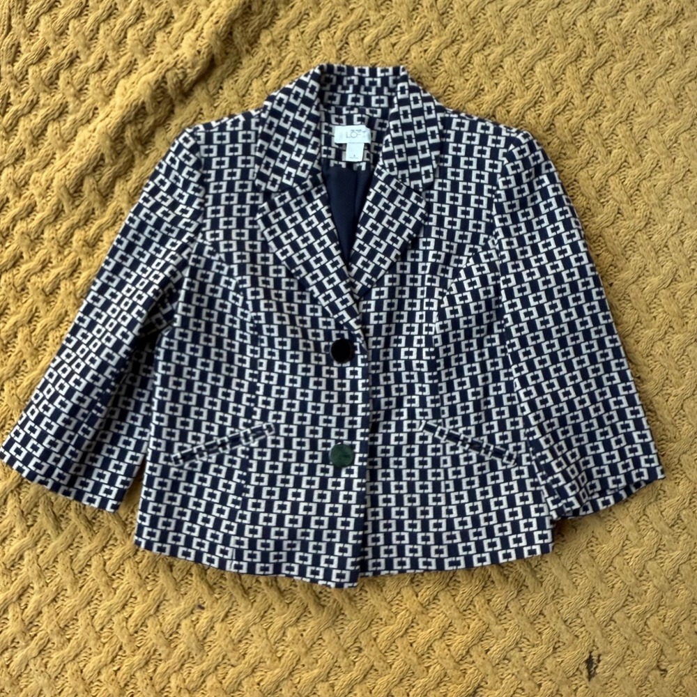 Ann Taylor LOFT Navy White Geometric Print Blazer Jacket Size 4 Cropped Sleeve